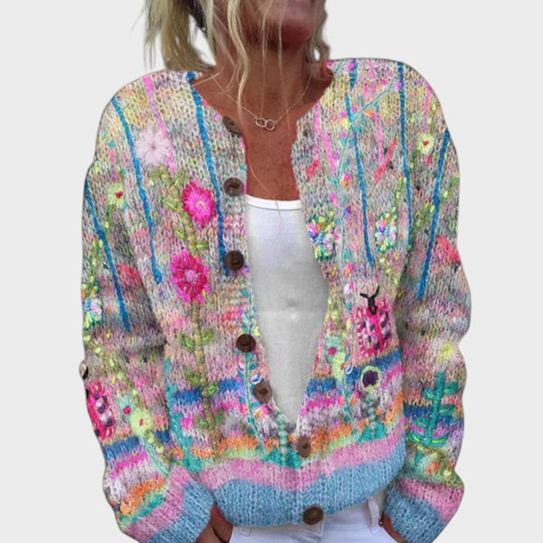 Lucy – Blomstret strikkejakke, pastell flerfarget
