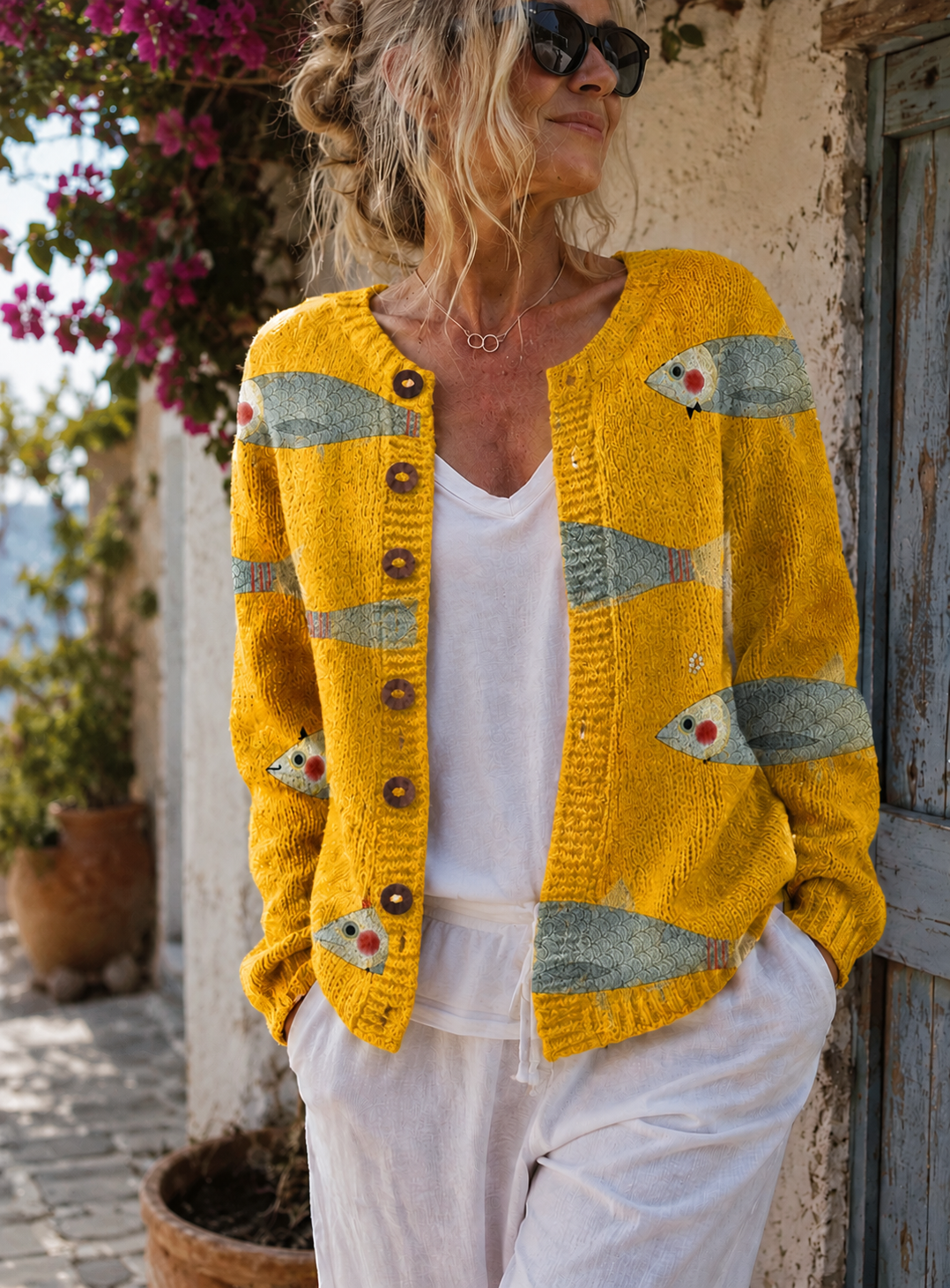 Edwina | Cardigan met knopen en vissenprint voor dames