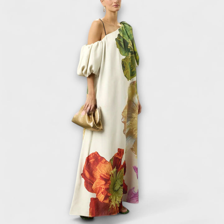Skylar - Maxikleed met bloemenprint, schuine halslijn en puffmouwen