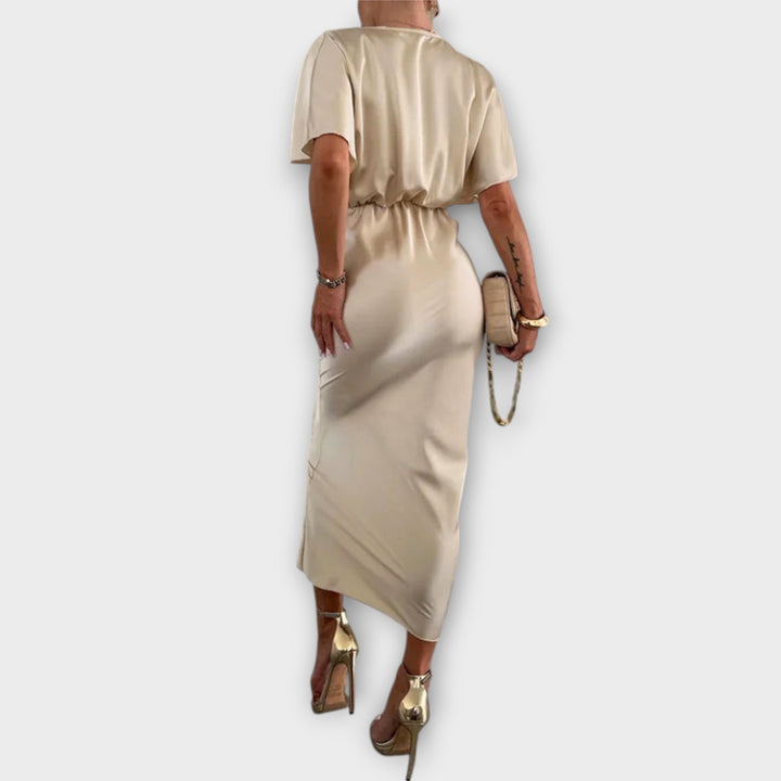 Sable - Solide Satijnen V-hals Knoop Slim Fit Maxi Jurk
