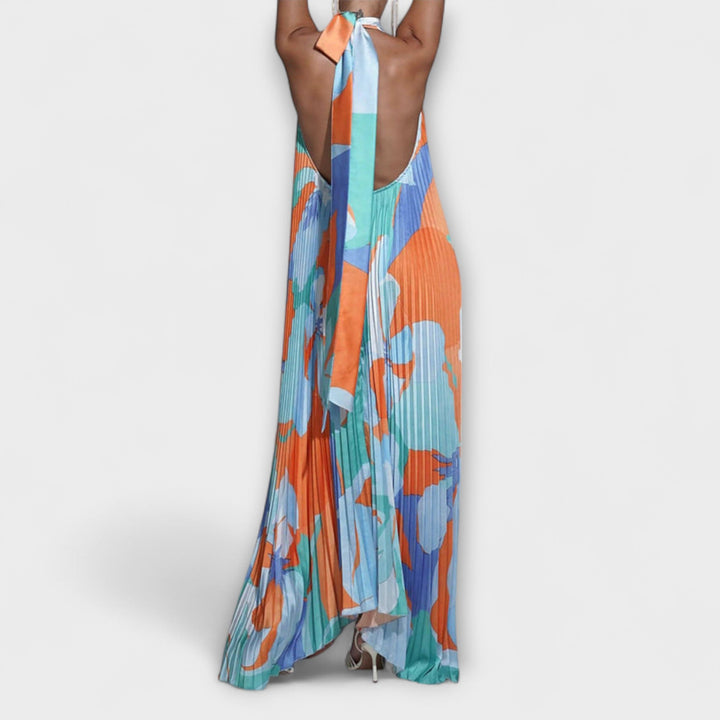 Vida - Stylish Plissé Halter Rugloze Midi-jurk met Bandontwerp