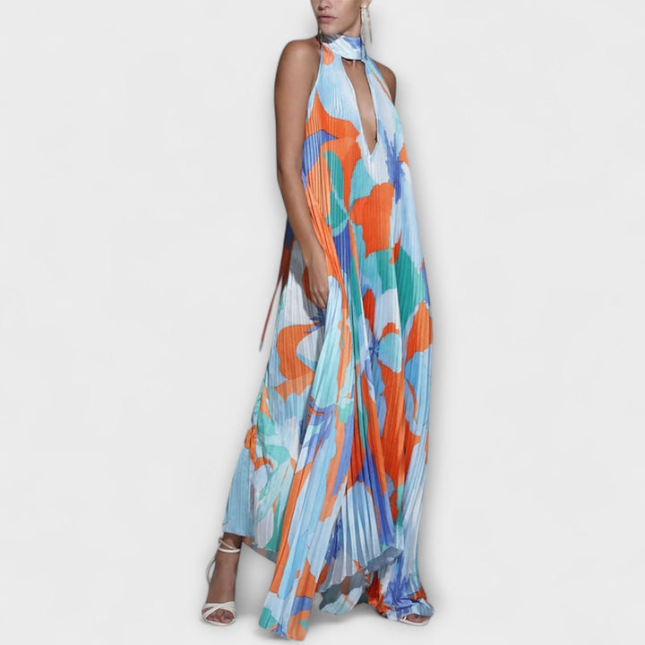 Vida - Stylish Plissé Halter Rugloze Midi-jurk met Bandontwerp