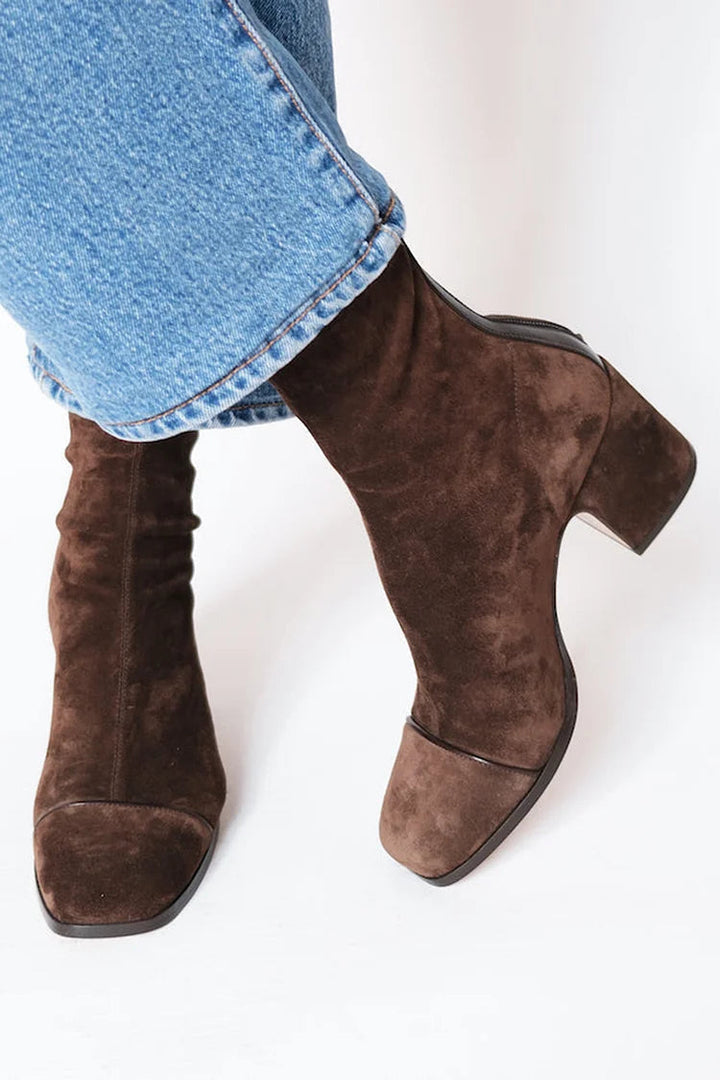 Fabienne | Suède bottines met vierkante neus, blokhak en contraststreep voor dames