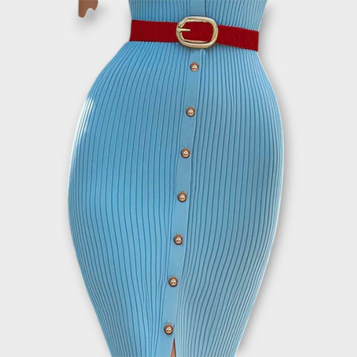 Sina - Stijlvolle Babyblauwe Ribbels Bleistiftjurk