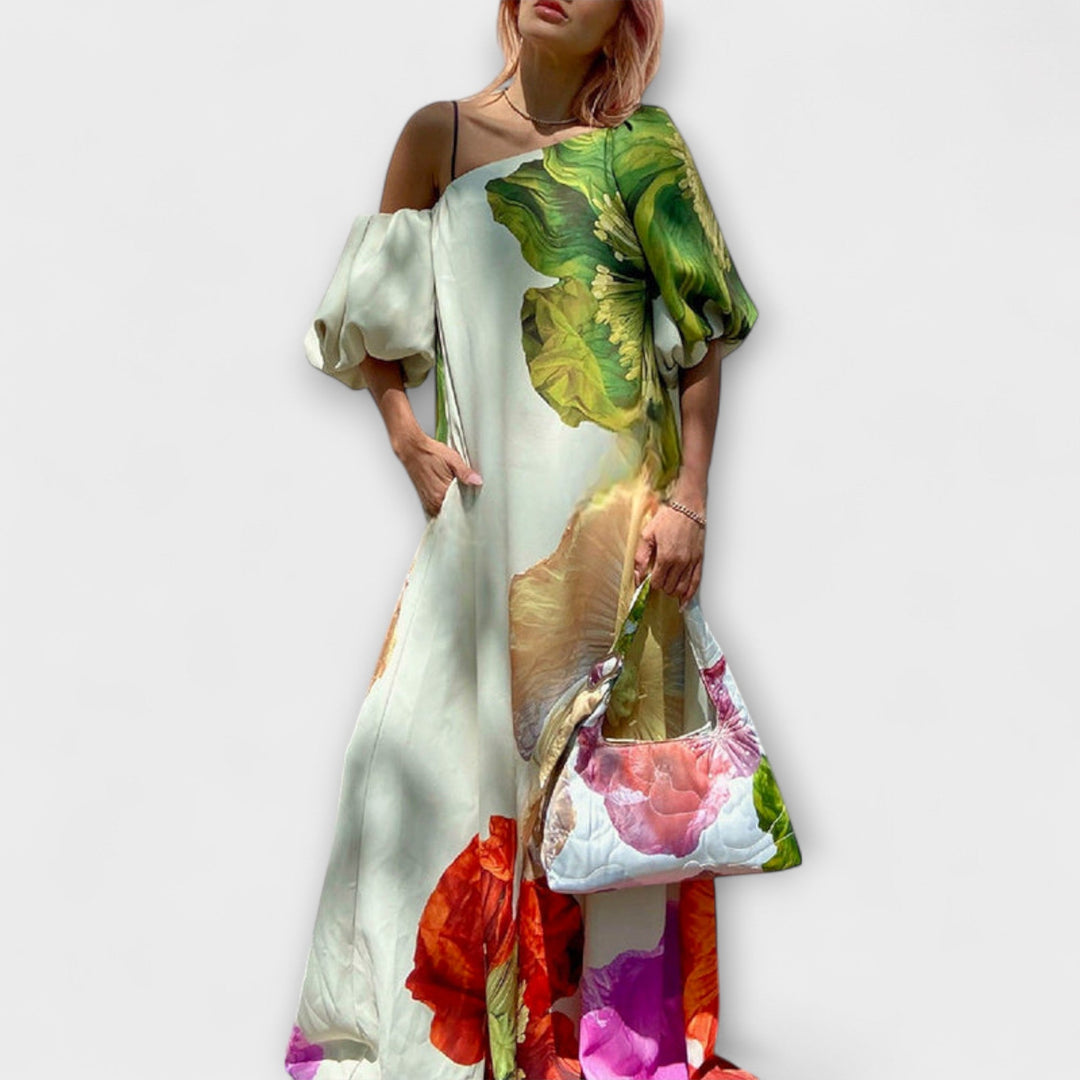 Skylar - Maxikleed met bloemenprint, schuine halslijn en puffmouwen