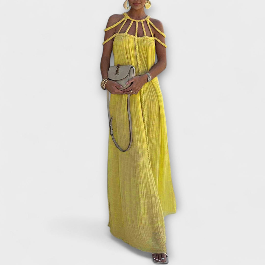 Briar - Een chique maxidress van gemengd weefsel met gedrapeerde vlechten