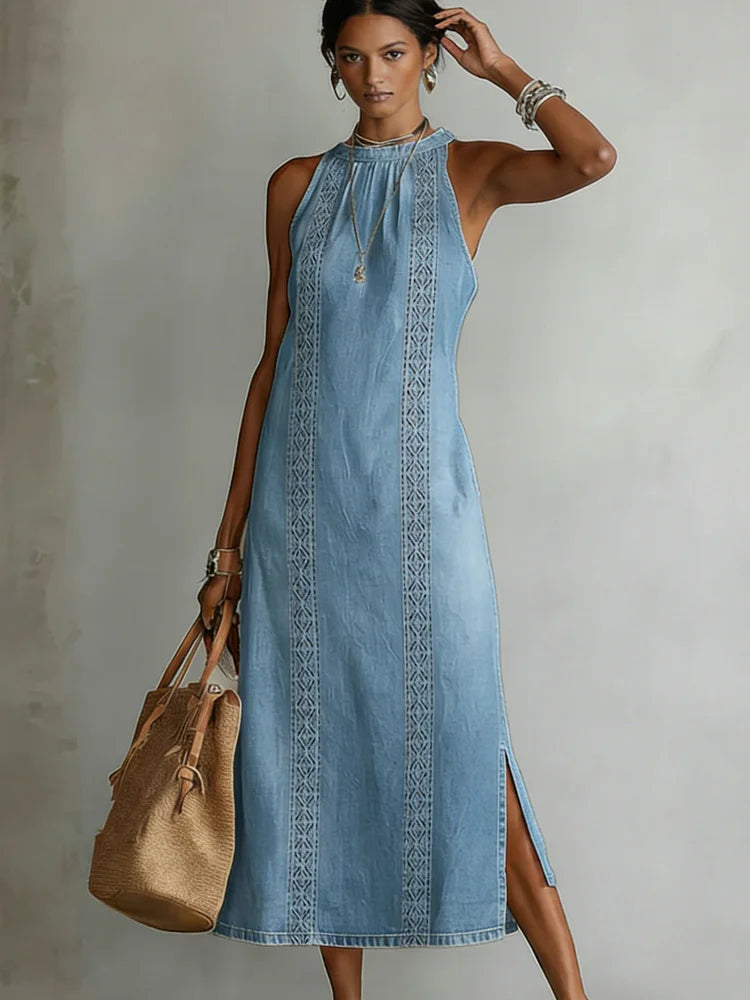 Júlia - Denim Jurk met Retro Kant