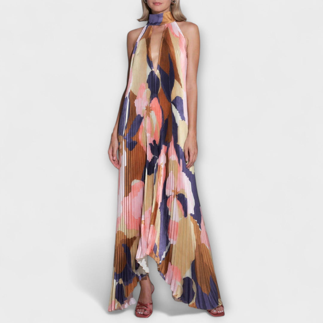Vida - Stylish Plissé Halter Rugloze Midi-jurk met Bandontwerp
