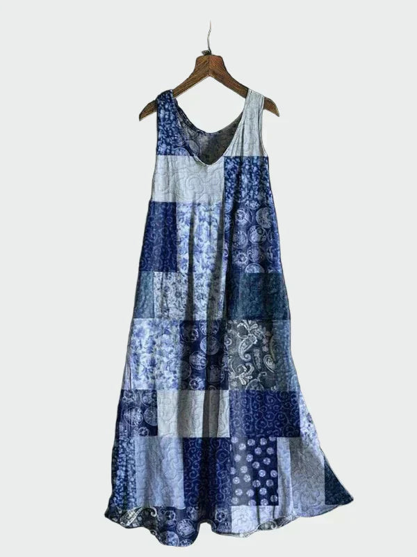 Jurk met Blauwe Patchwork-Patroon
