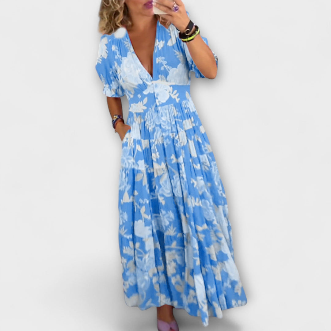 Catrisa - Bloemenprint V-hals Jurk met Zakken