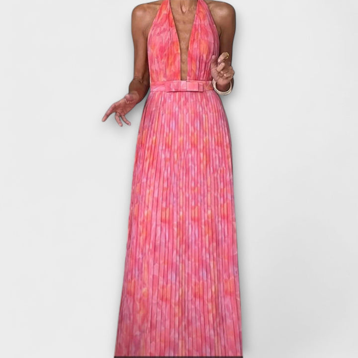 Seraphina - Stijlvolle Halter Neck V-Hals Plissé Maxikleed
