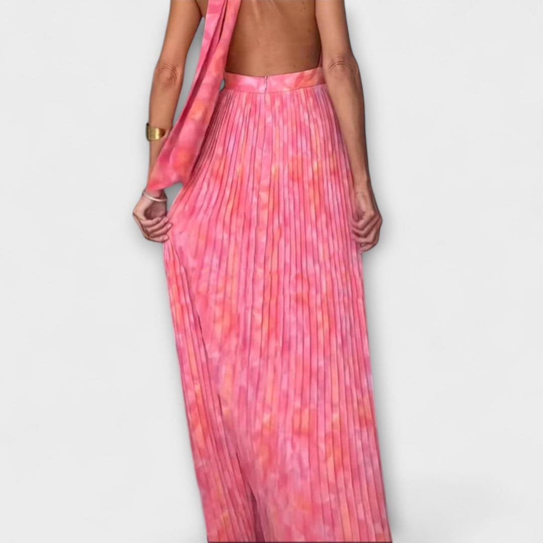 Seraphina - Stijlvolle Halter Neck V-Hals Plissé Maxikleed