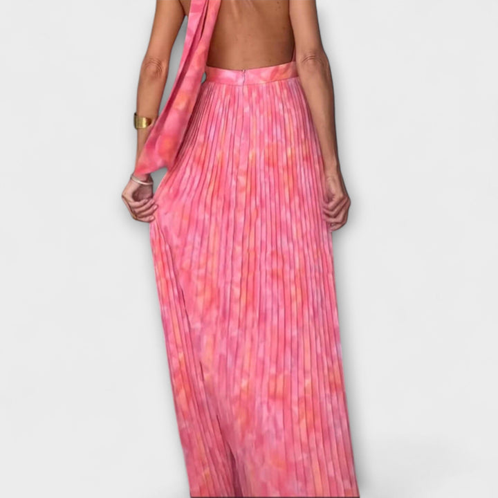 Seraphina - Stijlvolle Halter Neck V-Hals Plissé Maxikleed