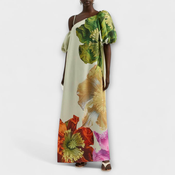 Skylar - Maxikleed met bloemenprint, schuine halslijn en puffmouwen