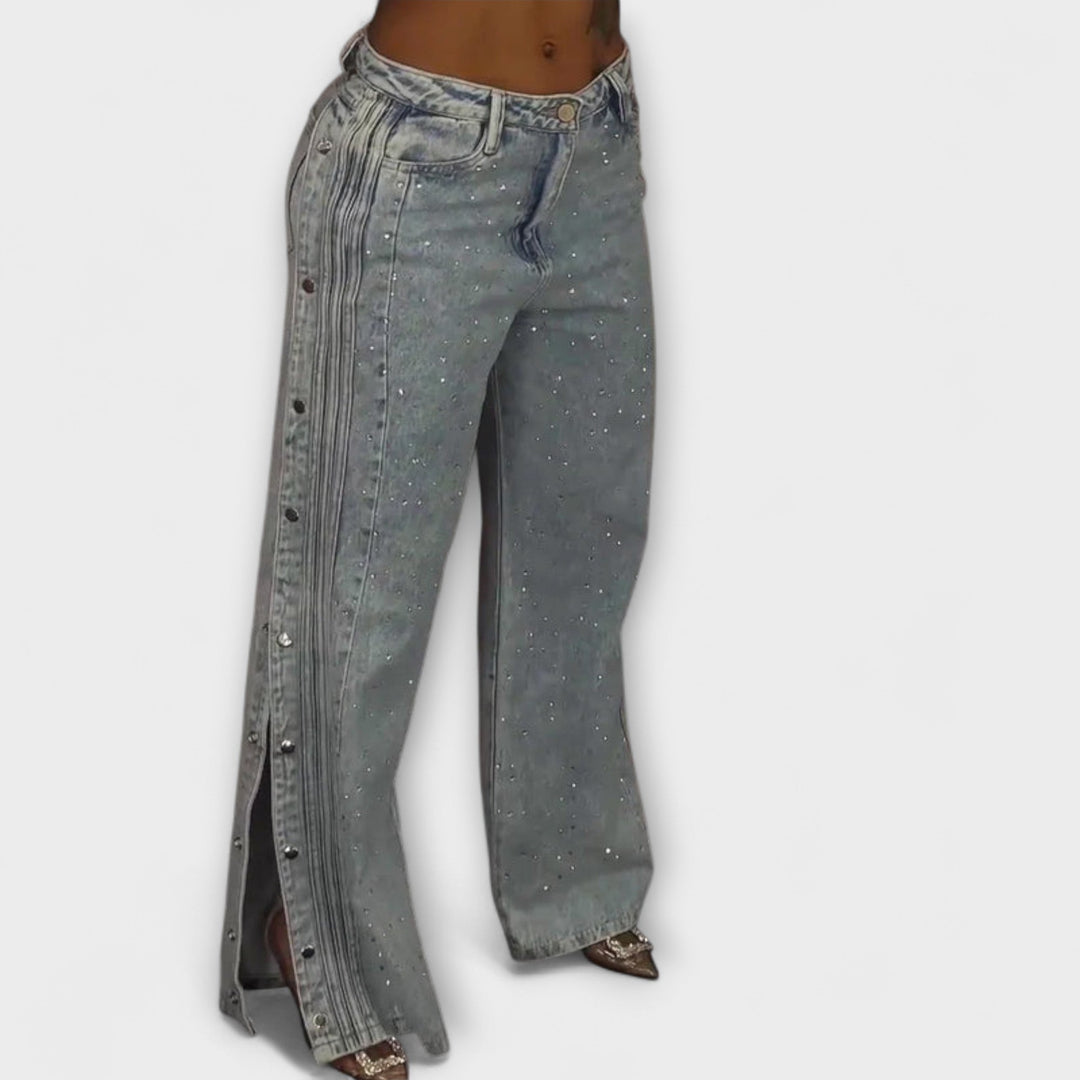 Nola - High-Waisted Jeans met Strass versieringen en zijknopen