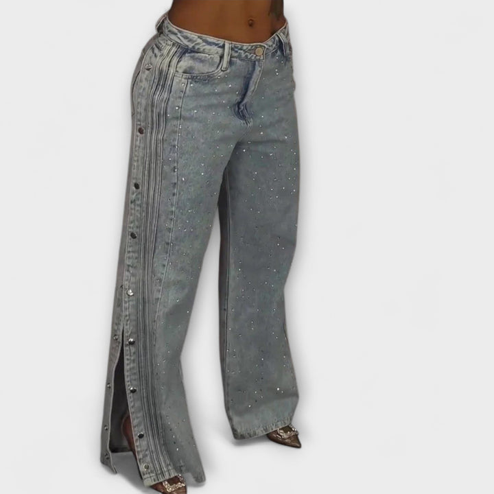 Nola - High-Waisted Jeans met Strass versieringen en zijknopen