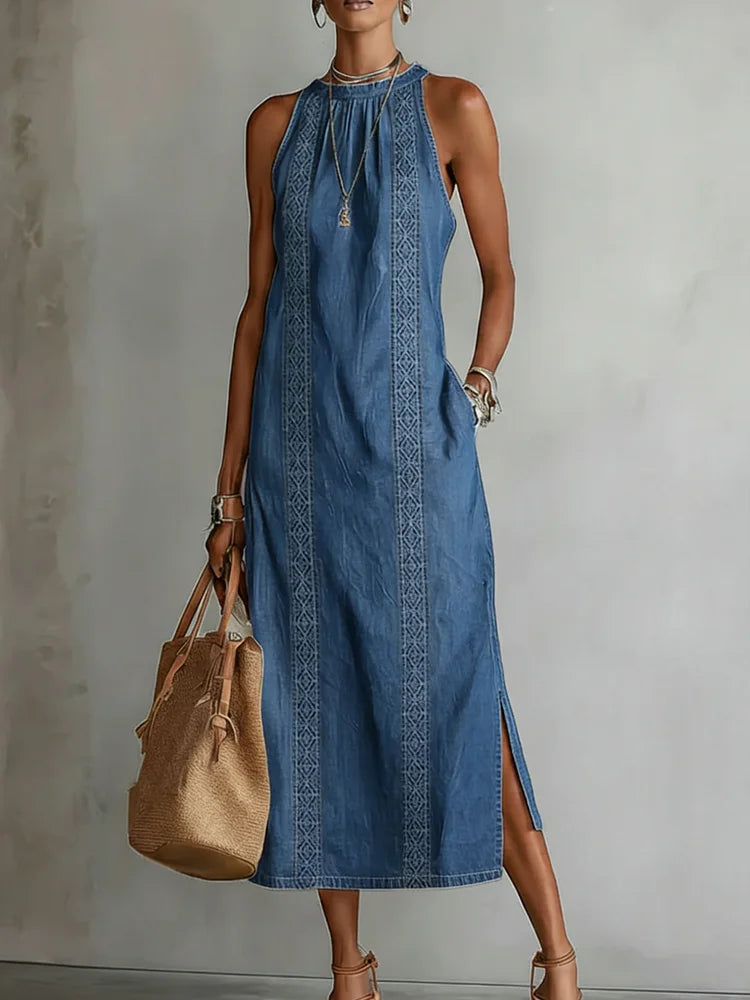 Júlia - Denim Jurk met Retro Kant