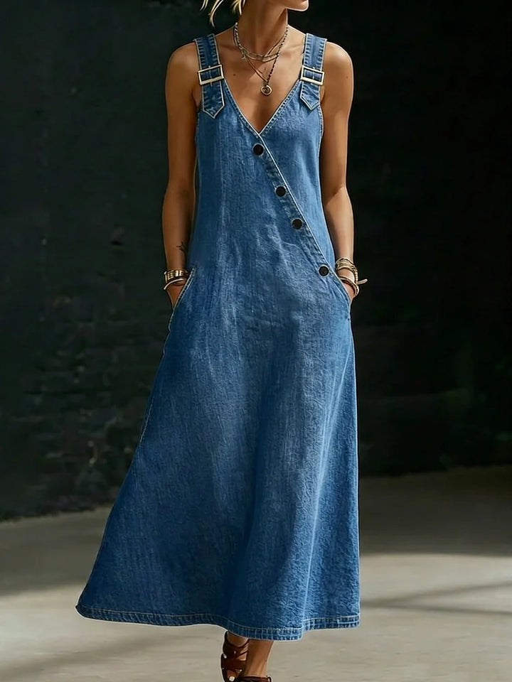 Vera - Lange Denim Jurk met Knopen