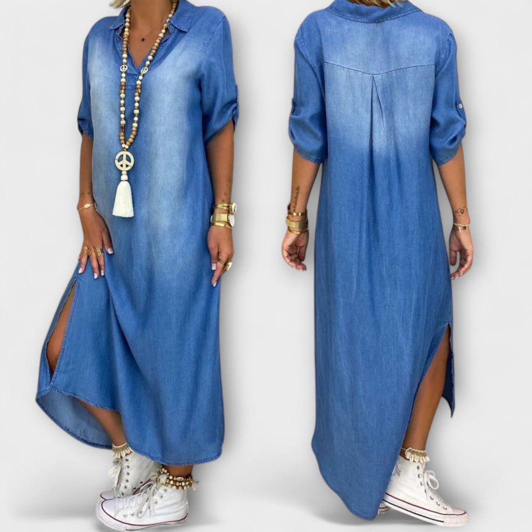 Lea - Lange Denim-Look Jurk met Zijsplit