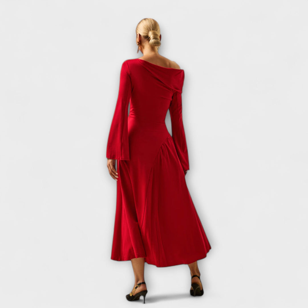 Willa - Off-Shoulder Midi-Jurk met Geraffineerde Ballonmouwen