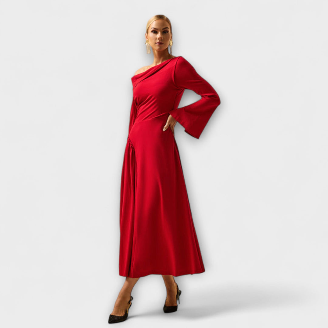 Willa - Off-Shoulder Midi-Jurk met Geraffineerde Ballonmouwen