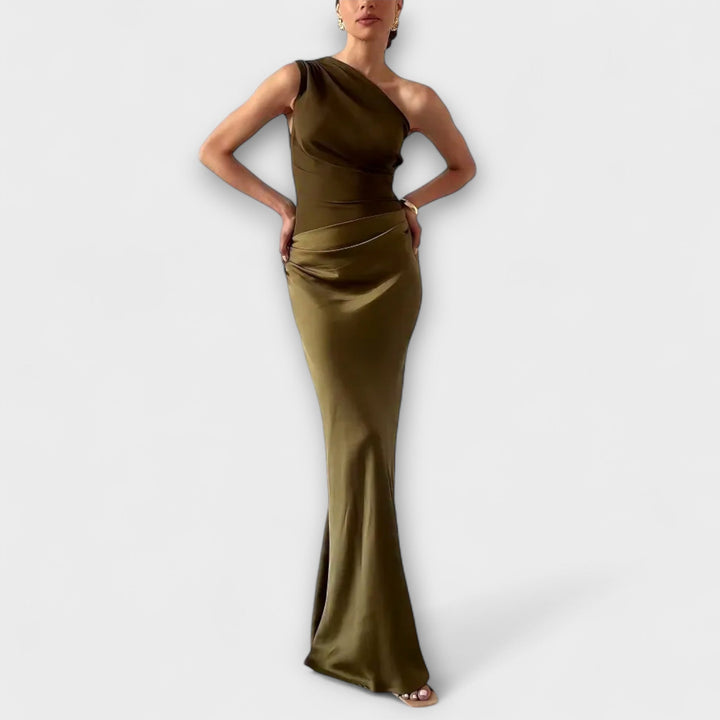 Elegante Een-Schouder Plissé Maxi Jurk