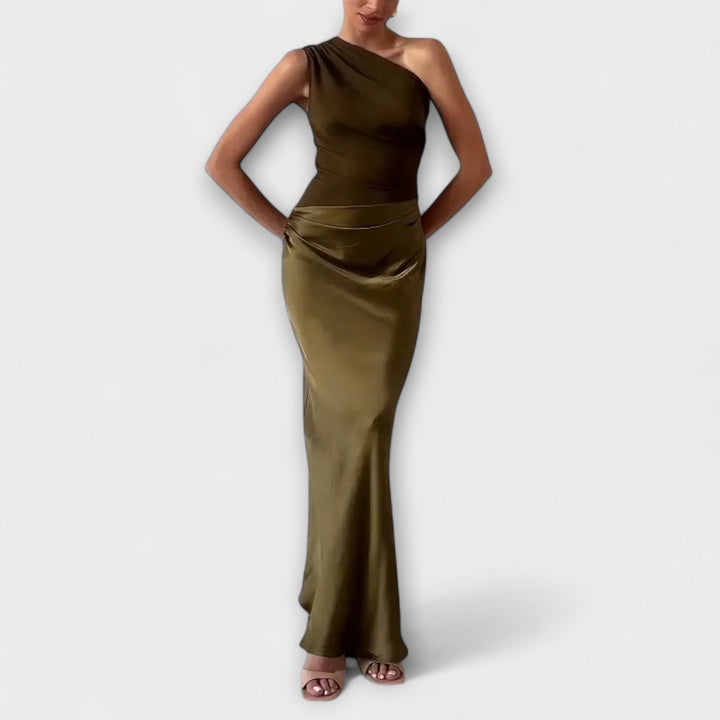 Elegante Een-Schouder Plissé Maxi Jurk