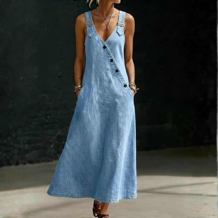 Vera - Lange Denim Jurk met Knopen
