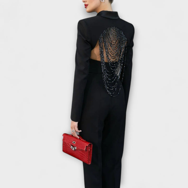 Noa - Zwart Perlenbelegd Rugvrij Kort Blazer Set