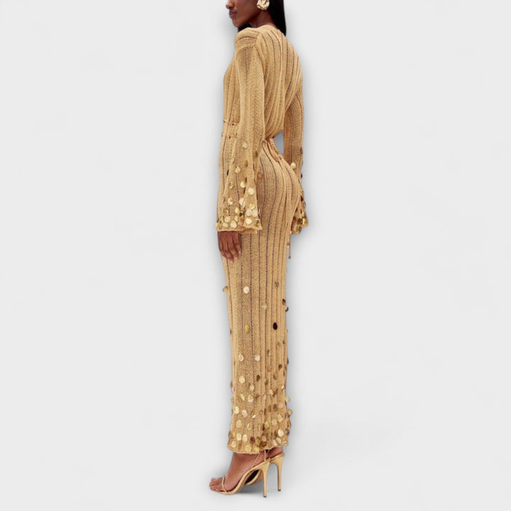 Kathleen - Gouden Gebreide Maxi Jurk van Dolly