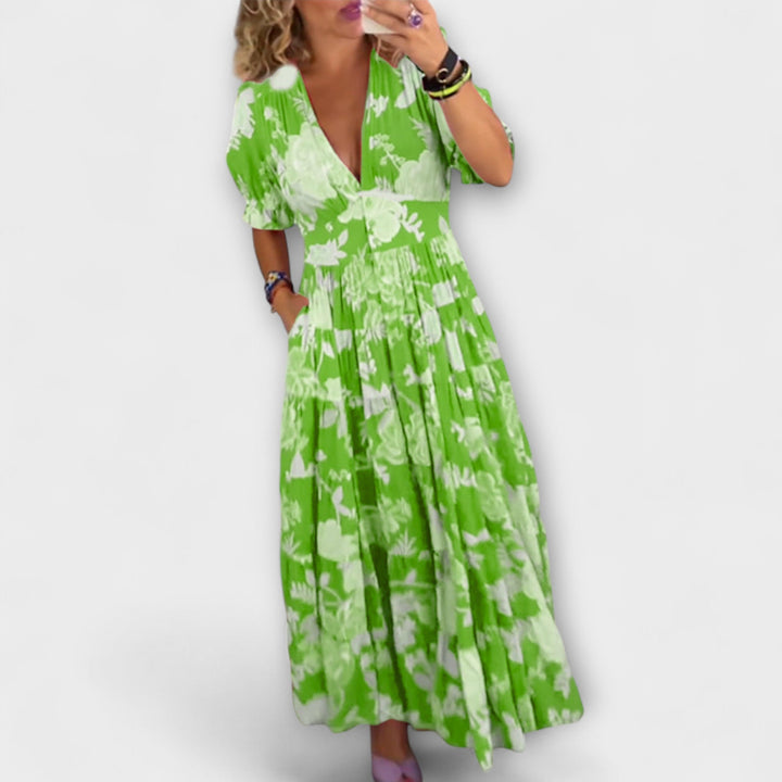 Catrisa - Bloemenprint V-hals Jurk met Zakken