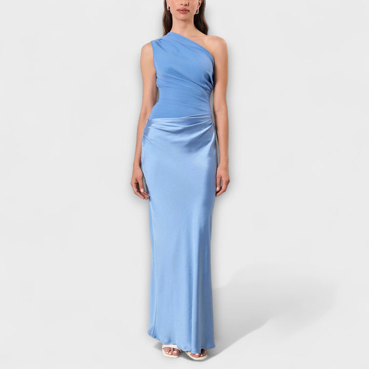 Elegante Een-Schouder Plissé Maxi Jurk