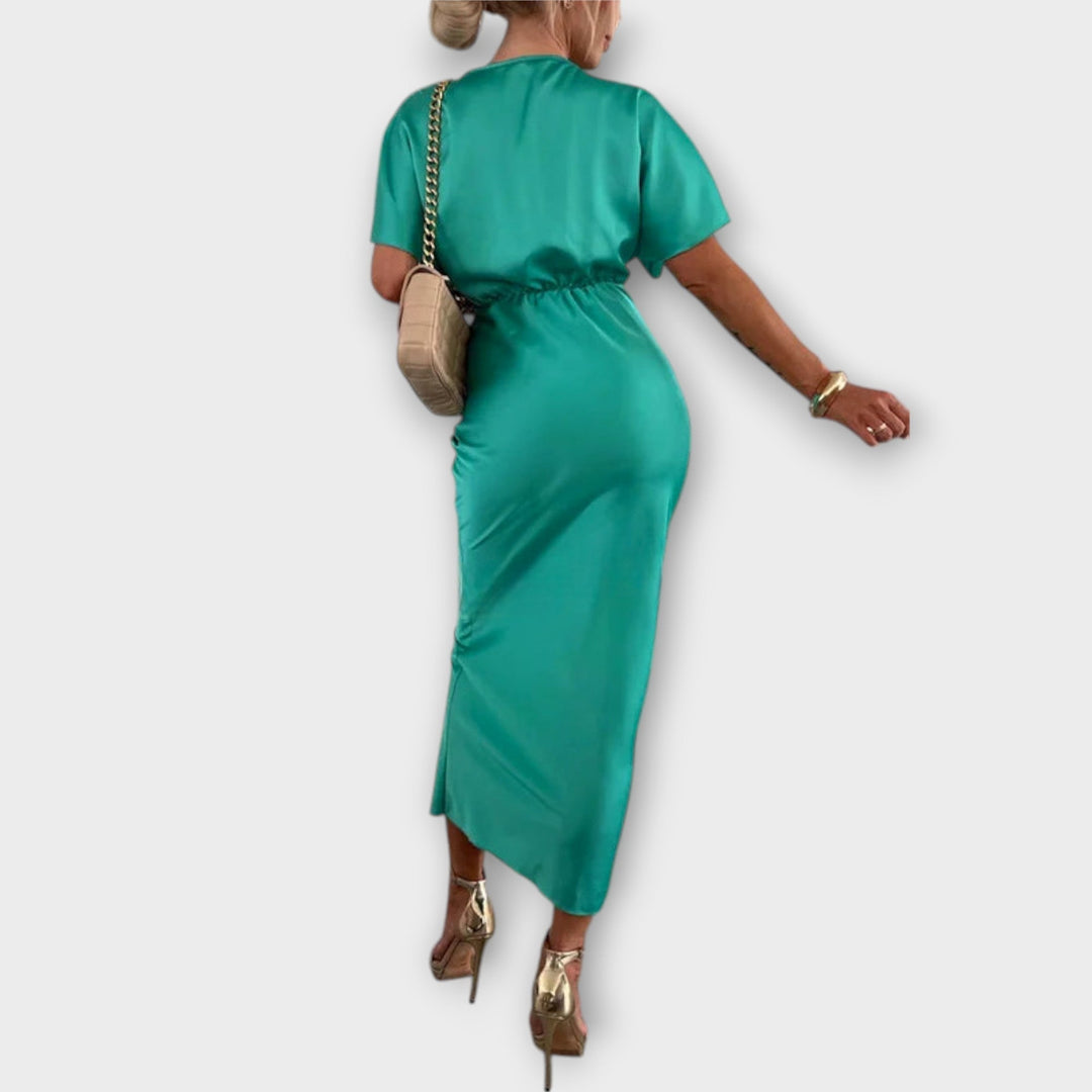 Sable - Solide Satijnen V-hals Knoop Slim Fit Maxi Jurk