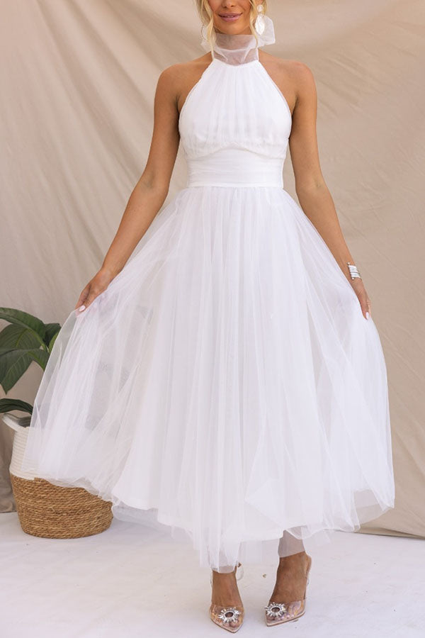 Catalina | Tule jurk in A-lijn met halterhals voor trouwgasten