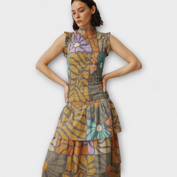 Multikleurige Botanische Midi Jurk