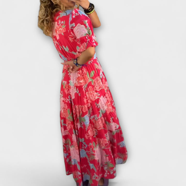 Catrisa - Bloemenprint V-hals Jurk met Zakken