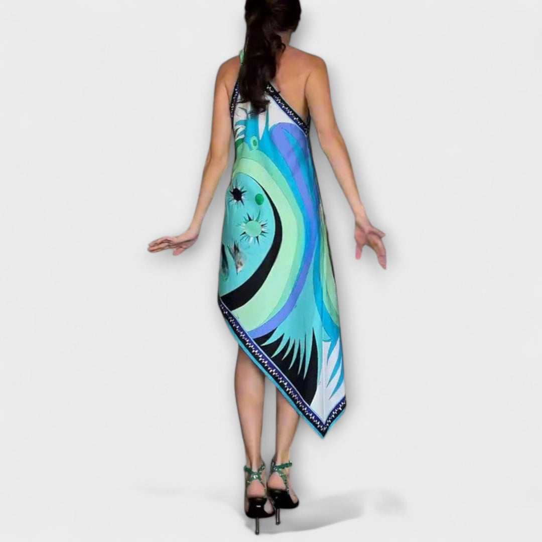 Esme - Uniek Print Satijnen Midi-Jurk met Asymmetrische Zoom