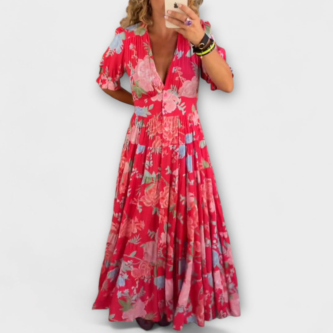 Catrisa - Bloemenprint V-hals Jurk met Zakken