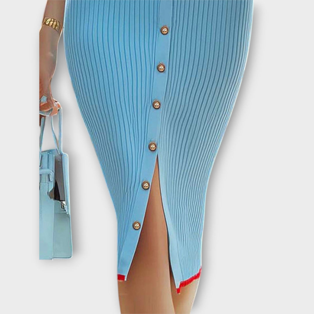 Sina - Stijlvolle Babyblauwe Ribbels Bleistiftjurk
