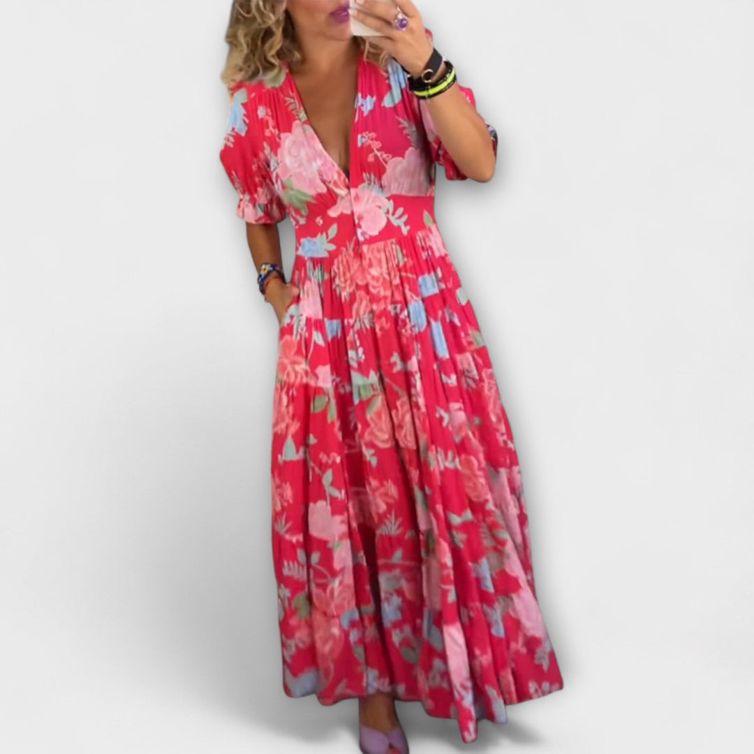 Catrisa - Bloemenprint V-hals Jurk met Zakken