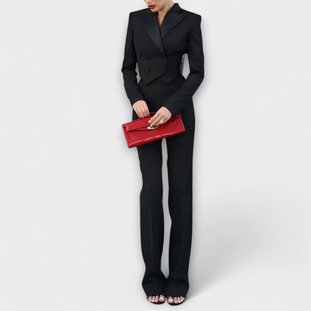 Noa - Zwart Perlenbelegd Rugvrij Kort Blazer Set