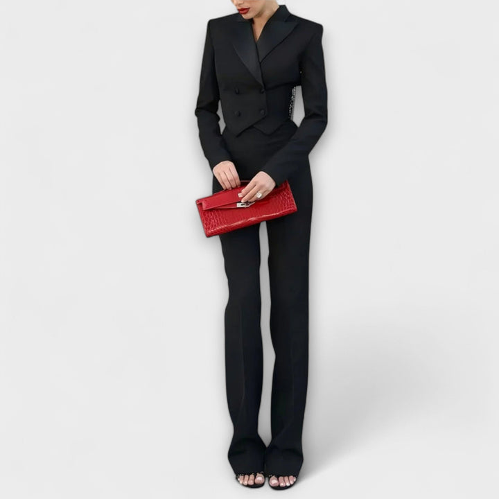 Noa - Zwart Perlenbelegd Rugvrij Kort Blazer Set