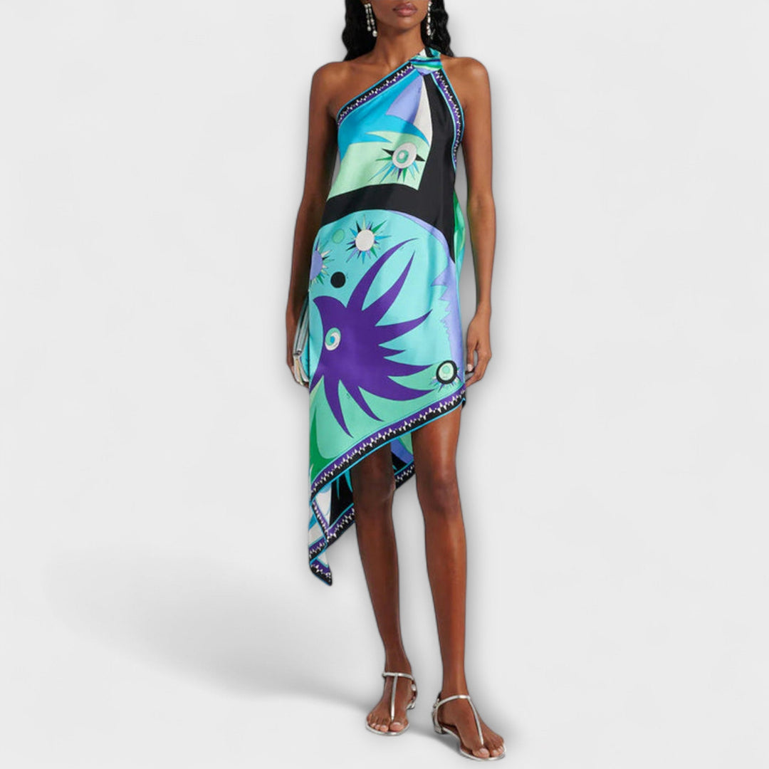 Esme - Uniek Print Satijnen Midi-Jurk met Asymmetrische Zoom