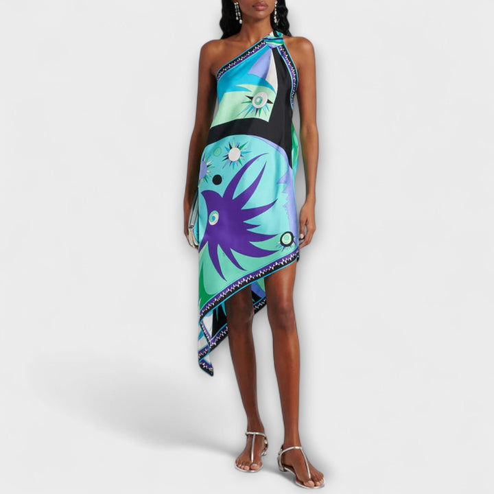 Esme - Uniek Print Satijnen Midi-Jurk met Asymmetrische Zoom