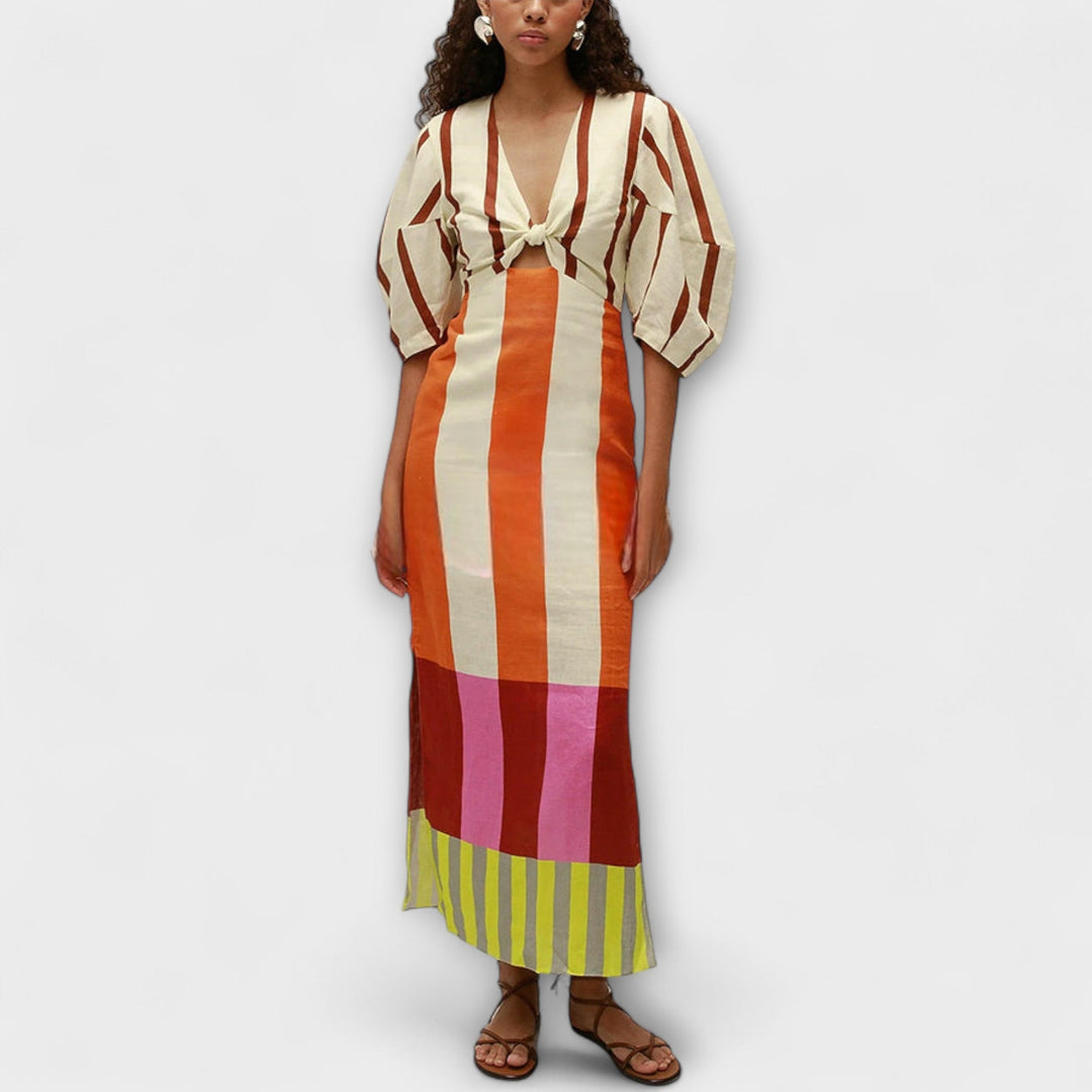 Kaya - Maxi-jurk met V-hals en puffmouwen