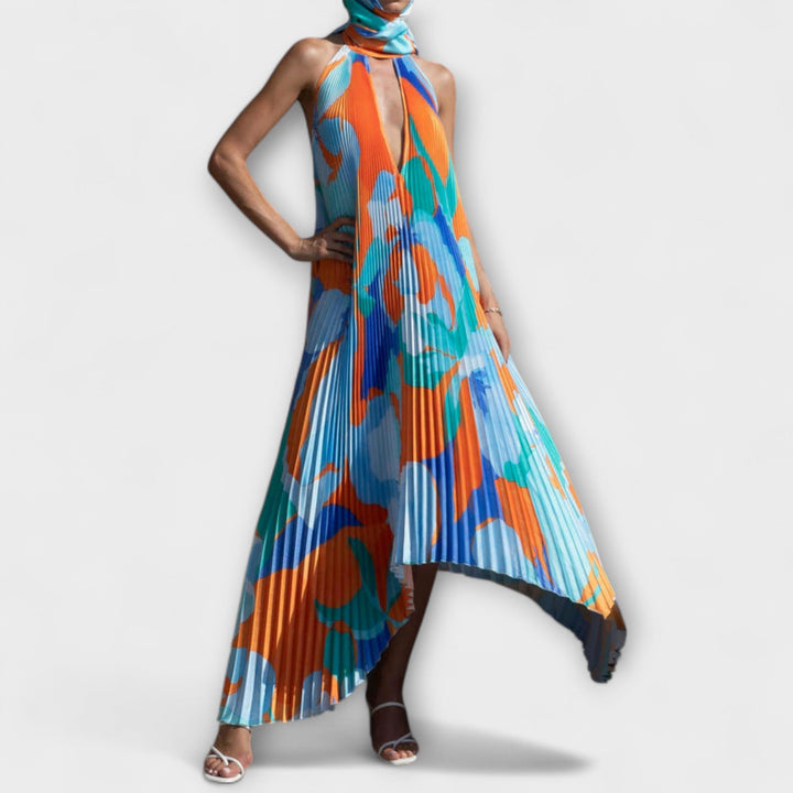 Vida - Stylish Plissé Halter Rugloze Midi-jurk met Bandontwerp