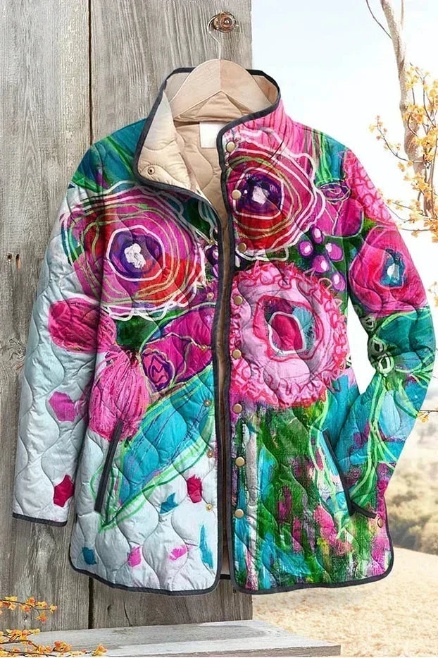 Astrid – Gewatteerde jas met grote bloemenprint, petrolblauw