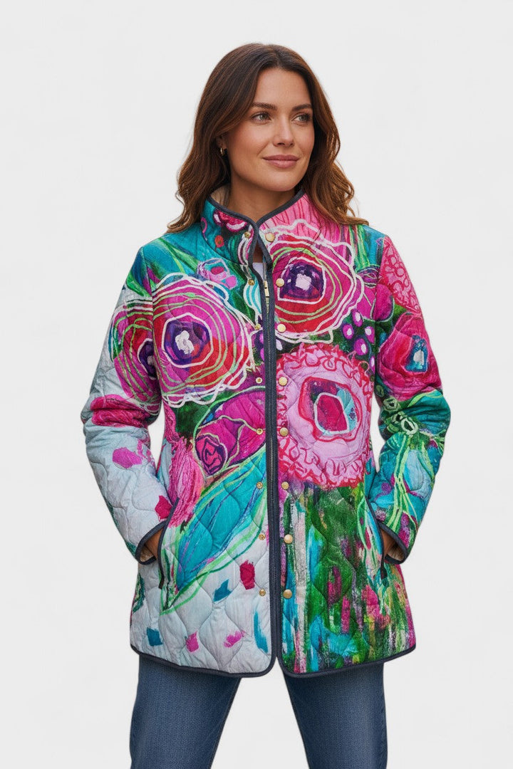 Astrid – Gewatteerde jas met grote bloemenprint, petrolblauw