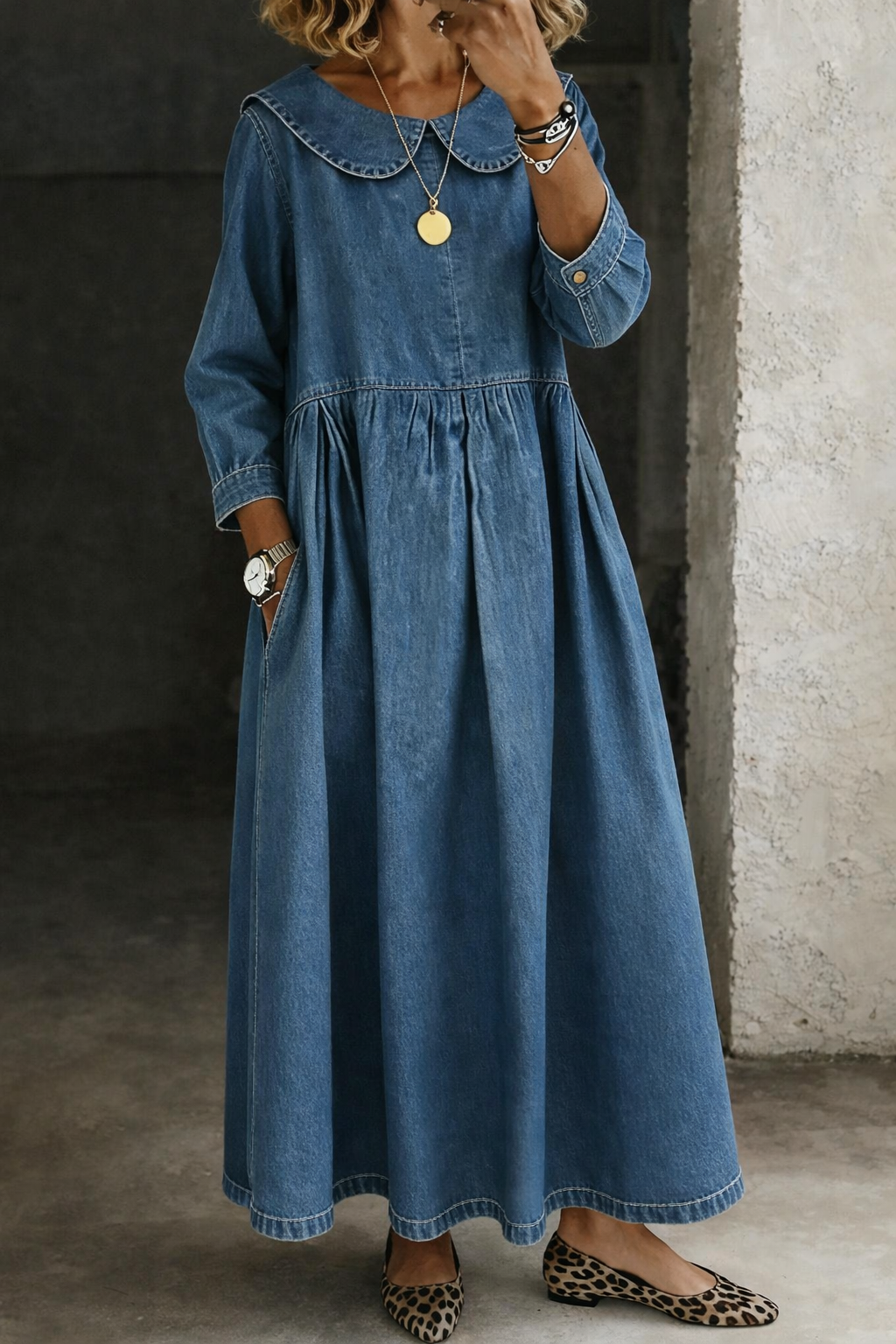 Leonor - Denim Jurk met Peter Pan Kraag