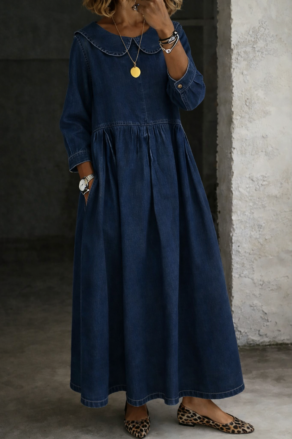 Leonor - Denim Jurk met Peter Pan Kraag